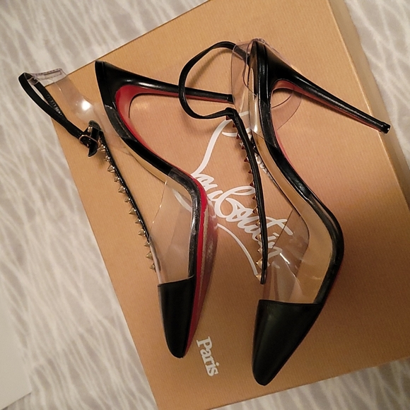 Christian Louboutin Nosy Spikes 100 KID/PVC VERS BLACK/GOLD/ROSE size 38 - Picture 5 of 7